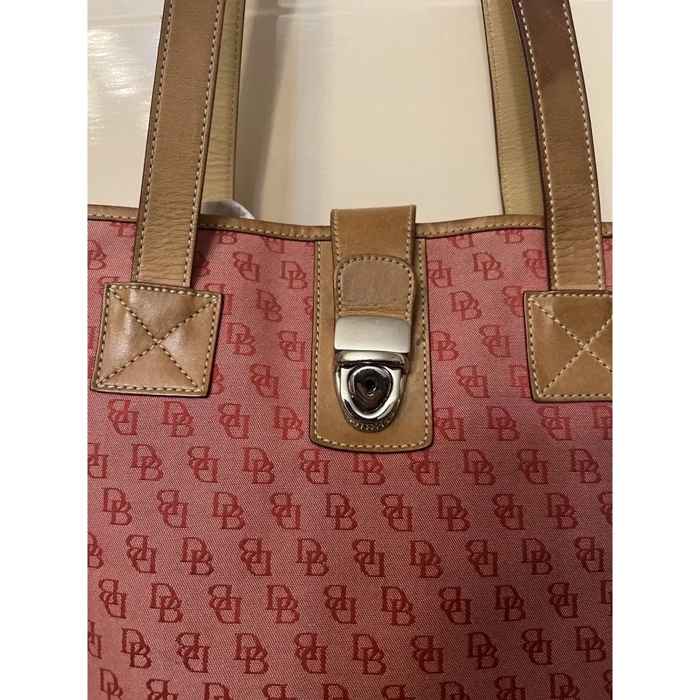 Dooney & Bourke Pink Logo Print Tote Tan Leather Trim Silver Clasp Purse EUC